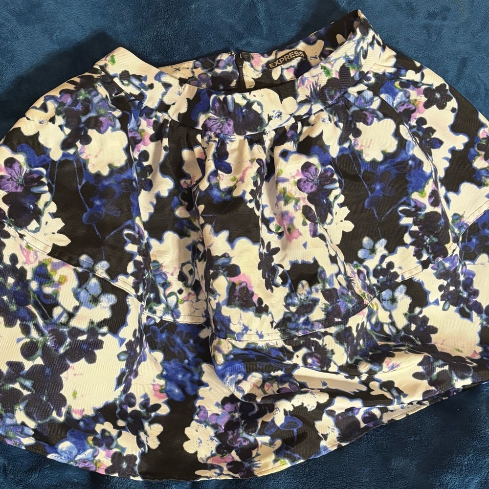 Express Floral Skater Skirt - Black, Blue, and Cream